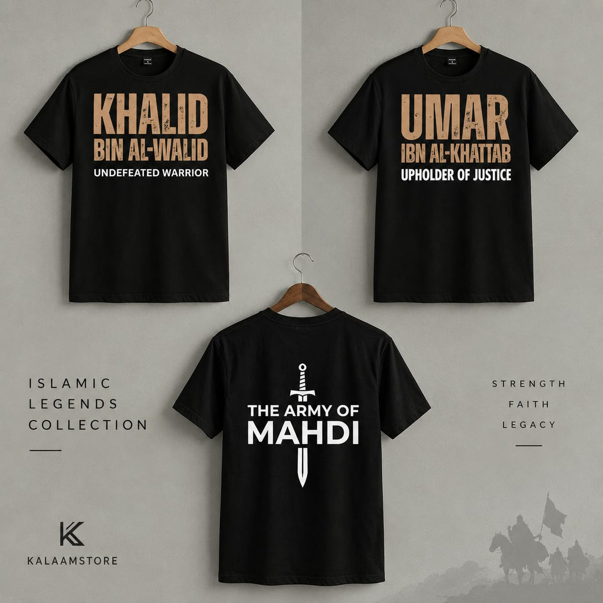 Three black graphic T-shirts displayed on wooden hangers against a light gray wall. The top-left shirt reads 'KHALID BIN AL-WALID Undefeated Warrior' in tan and white.